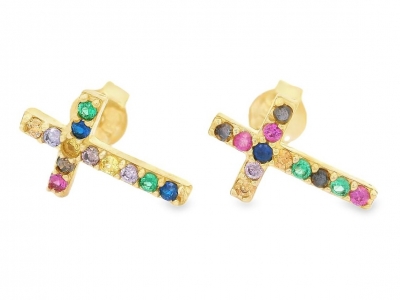 Modele cercei de aur cu surub cruciulite cristale multicolore  - aur 14K, culoare aur galben